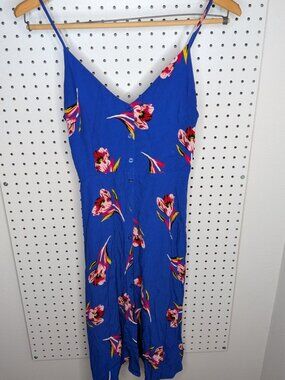 Express Floral Slip Dress Cobalt Blue Pink Tropical Print V Neck Midi Sundress S